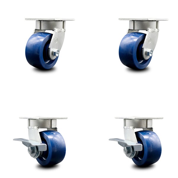 Service Caster 4 Inch Kingpinless Solid Poly Wheel Swivel Caster Set with 2 Brakes SCC SCC-KP30S420-SPUR-2-SLB-2 - main